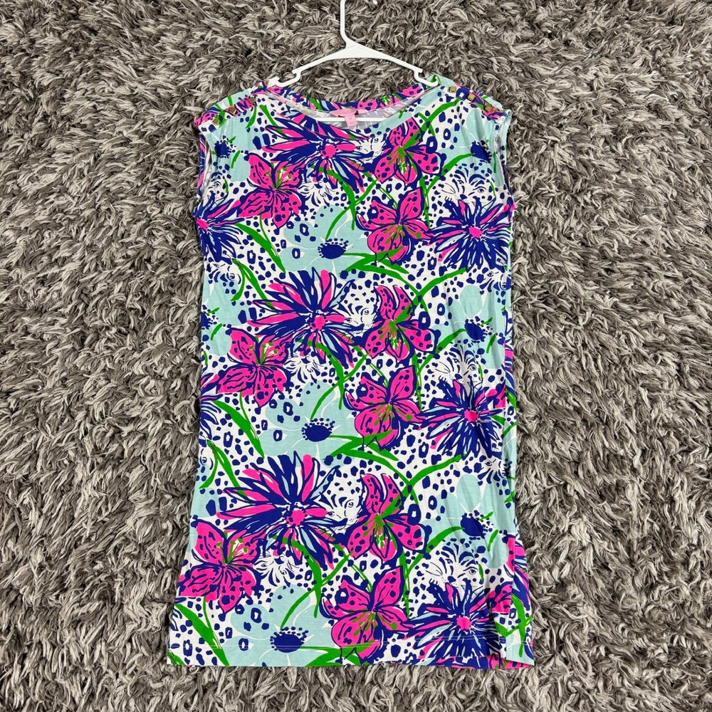 Lilly Pulitzer Pima Cotton Floral Leopard Sleeveless Tunic Dress XS Blue Pink